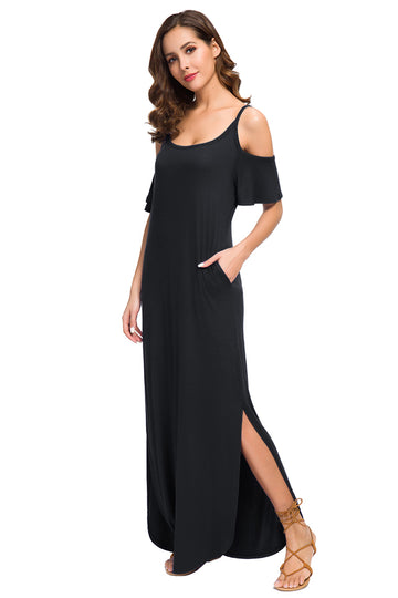 Summer Casual Loose Long Dress Strapless Strap Cold Shoulder Short Sleeve Split Maxi Dresses with Pocket